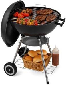 Perfect outdoor cooking solution: 18 Inch Portable Charcoal Grill with Wheels, ideal for small patios and backyards. Thickened grilling bowl and heavy-duty round construction ensure durability. Perfect for camping and BBQs.