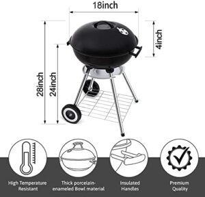 Perfect outdoor cooking solution: 18 Inch Portable Charcoal Grill with Wheels, ideal for small patios and backyards. Thickened grilling bowl and heavy-duty round construction ensure durability. Perfect for camping and BBQs.