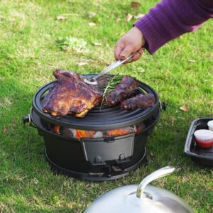 Here is the meta description:

"Elevate outdoor cooking with this portable Round Mini Hibachi Grill, featuring 100% cast iron construction and a durable design for camping or backyard barbecues. Perfect for coal-powered feasts."
