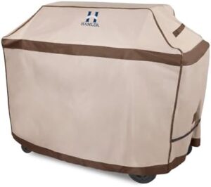 Protect your BBQ grill from the elements with HAMLER's heavy-duty waterproof cover. UV and fade resistant, this brown charcoal grill cover fits Weber, Brinkmann, Char Broil, Nexgrill models (72x26x51 inches).