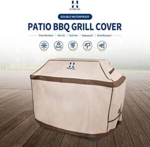 Protect your BBQ grill from the elements with HAMLER's heavy-duty waterproof cover. UV and fade resistant, this brown charcoal grill cover fits Weber, Brinkmann, Char Broil, Nexgrill models (72x26x51 inches).