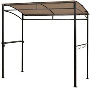 Enhance your backyard gatherings with the Tangzon BBQ Shelter, a flame-resistant metal frame gazebo featuring side shelf and 5 hooks for utensils. Perfect for outdoor parties, measures 216 x 108cm.