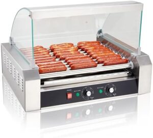 Here is the output:

"Grill cook perfect hot dogs at home or parties with this 30-hot dog roller, featuring 11 stainless steel rollers and a removable drip tray. Compact design for easy use."
