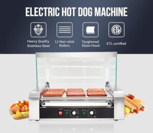 Here is the output:

"Grill cook perfect hot dogs at home or parties with this 30-hot dog roller, featuring 11 stainless steel rollers and a removable drip tray. Compact design for easy use."