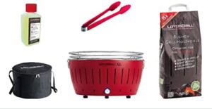 Here is the optimized SEO meta description:

"Upgrade your outdoor BBQs with this complete XL Starter Kit. Includes LotusGrill charcoal, sausage tongs and lighting gel, plus a transport bag for easy portability. Perfect for smoke-free grilling at home or on-the-go."