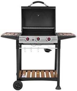 Perfect grill for backyard gatherings! George Foreman's 3 Burner Gas BBQ features automatic ignition & thermometer. Includes 2 shelves and wood effect rack for ample cooking space.