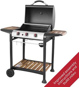 Perfect grill for backyard gatherings! George Foreman's 3 Burner Gas BBQ features automatic ignition & thermometer. Includes 2 shelves and wood effect rack for ample cooking space.