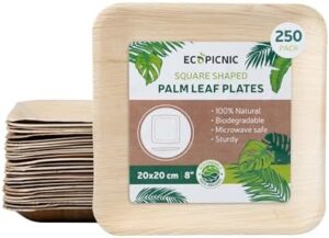 Elevate your events with ECOPICNIC's biodegradable square palm leaf plates. Durable, compostable tableware for parties, BBQs, weddings, and more, in a sturdy 250-pack of 20x20 cm plates.