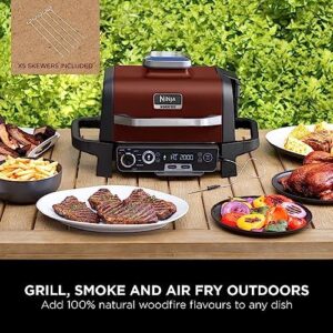 Discover the ultimate outdoor cooking experience with Ninja's Woodfire Electric BBQ Grill, Smoker & Air Fryer. Perfect for 5 skewers, 7 functions: grill, smoke, air fry, roast and more. Red/Black design. Amazon Exclusive.