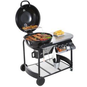 Here is the generated SEO meta description:

"Portable charcoal grill with propane gas kettle and heavy duty iron BBQ grill, perfect for outdoor cooking, camping, picnic or backyard use. Compact design with cart and cover included."