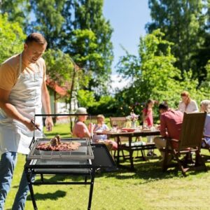 Here is the meta description:

"Enhance outdoor gatherings with this heavy-duty BBQ grill, featuring a detachable portable design, 360° rotating cooking grid and sturdy wheels for camping, gardening or commercial use."