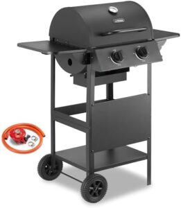 "Gas BBQ with 2 burners, warming rack and fold-down shelves for easy cooking. Perfect for grilling meat, fish or veggies. Large grill space and wheels for mobility."