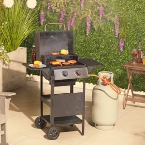 "Gas BBQ with 2 burners, warming rack and fold-down shelves for easy cooking. Perfect for grilling meat, fish or veggies. Large grill space and wheels for mobility."