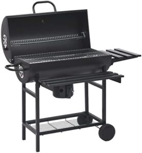 Get sizzling results outdoors with this portable steel barrel grill, featuring wheels and shelves for easy mobility and ample storage. Perfect for backyard barbecues!
