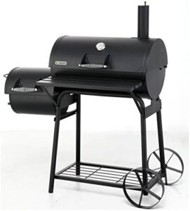 "Unlock outdoor cooking with Biloxi's Offsect BBQ Pit, a 30-gallon offset smoker featuring durable steel construction and adjustable vents. Perfect for slow-cooking your favorite meals."