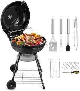 Here is the optimized meta description:

"Perfect outdoor grilling set of 5, featuring heavy-duty enameled grills with 2-layer grilling racks. Ideal for camping, backyard picnics and BBQs. Includes grilling accessories and spatula."