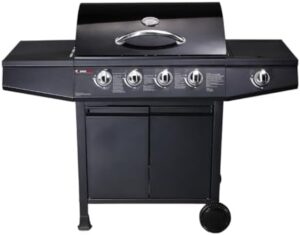 Discover the Original 5 Gas Burner Garden Grill with steel warming rack, side-burner and storage, perfect for home garden parties.