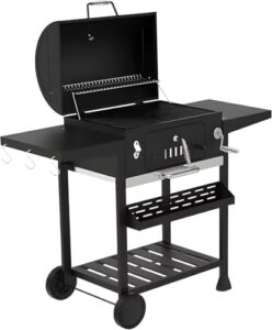 Transform your outdoor gatherings with the Campfire Outdoor XL Smoker Barbecue, featuring 2 folding tables and built-in thermometer. Perfect for home garden cooking, this portable grill accommodates large coal needs and offers adjustable pan and chimney control.