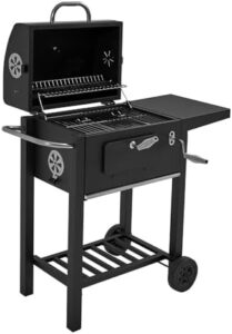 Here is the optimized SEO meta description:

"Elevate your outdoor cooking experience with this portable smoker barbecue grill featuring a warming rack, temperature gauge and large cooking area. Perfect for garden gatherings, includes side table and wheels."