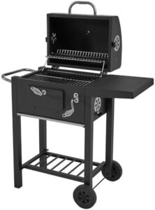 Here is the optimized SEO meta description:

"Elevate your outdoor cooking experience with this portable smoker barbecue grill featuring a warming rack, temperature gauge and large cooking area. Perfect for garden gatherings, includes side table and wheels."