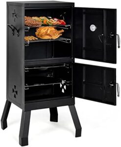 Delight your outdoor cooking experiences with the Charcoal BBQ Grill, featuring 2 doors, thermometer, chrome-plated nets and charcoal pots. Perfect for camping or garden cooking, this vertical roaster is a must-have for any grill enthusiast! (149 characters)