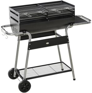 Experience outdoor cooking with the Charcoal Barbecue Grill BBQ Trolley featuring double grill, adjustable height and storage shelf for convenient gatherings. Perfect for small to medium-sized backyards, 130x51x111cm, black.