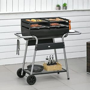 Experience outdoor cooking with the Charcoal Barbecue Grill BBQ Trolley featuring double grill, adjustable height and storage shelf for convenient gatherings. Perfect for small to medium-sized backyards, 130x51x111cm, black.