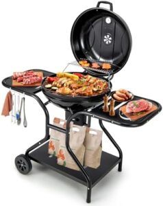 Here is the optimized SEO meta description:

"Portable charcoal grill with porcelain enamel body and lid, perfect for outdoor cooking. Features 2 side tables, storage shelf, 4 hooks, wheels, thermometer, air vents, and ash catcher. Cook with ease!"