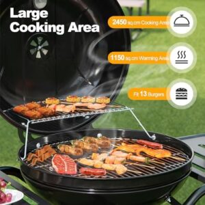 Here is the optimized SEO meta description:

"Portable charcoal grill with porcelain enamel body and lid, perfect for outdoor cooking. Features 2 side tables, storage shelf, 4 hooks, wheels, thermometer, air vents, and ash catcher. Cook with ease!"