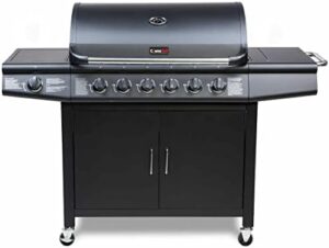 Discover the CosmoGrill Pro Deluxe 7 Gas Burner BBQ grill with steel warming rack, side-burner and built-in temperature gauge for home outdoor cooking. Perfect for garden parties.