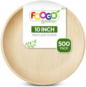 "Revolutionize your events with FOOGO Green 500pcs Disposable Palm Leaf Plates, perfect for hot food and wedding parties. Biodegradable and compostable like wooden or bamboo plates, dimensions 10"(25cm) large round."