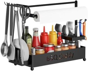 Elevate your outdoor cooking experience with the Grill Caddy featuring 8 hooks, paper towel holder and condiment storage. Perfect for camping trips, RV adventures and tailgating parties.