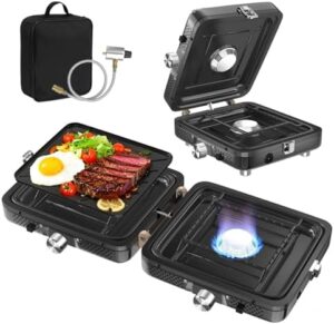 Here is the optimized SEO meta description:

"Get cooking anywhere with this portable folding camping stove featuring 2 burners and instant ignition. Perfect for outdoor adventures, backyard BBQs and tailgating parties. Includes carry bag and handle."