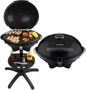 Here is the optimized SEO meta description:

"Indoor or outdoor, grill with ease using Andrew James BBQ's electric barbecue grill with 5 temperature settings and non-stick surface. Includes removable drip tray and condiment stand for a healthy grilling experience."
